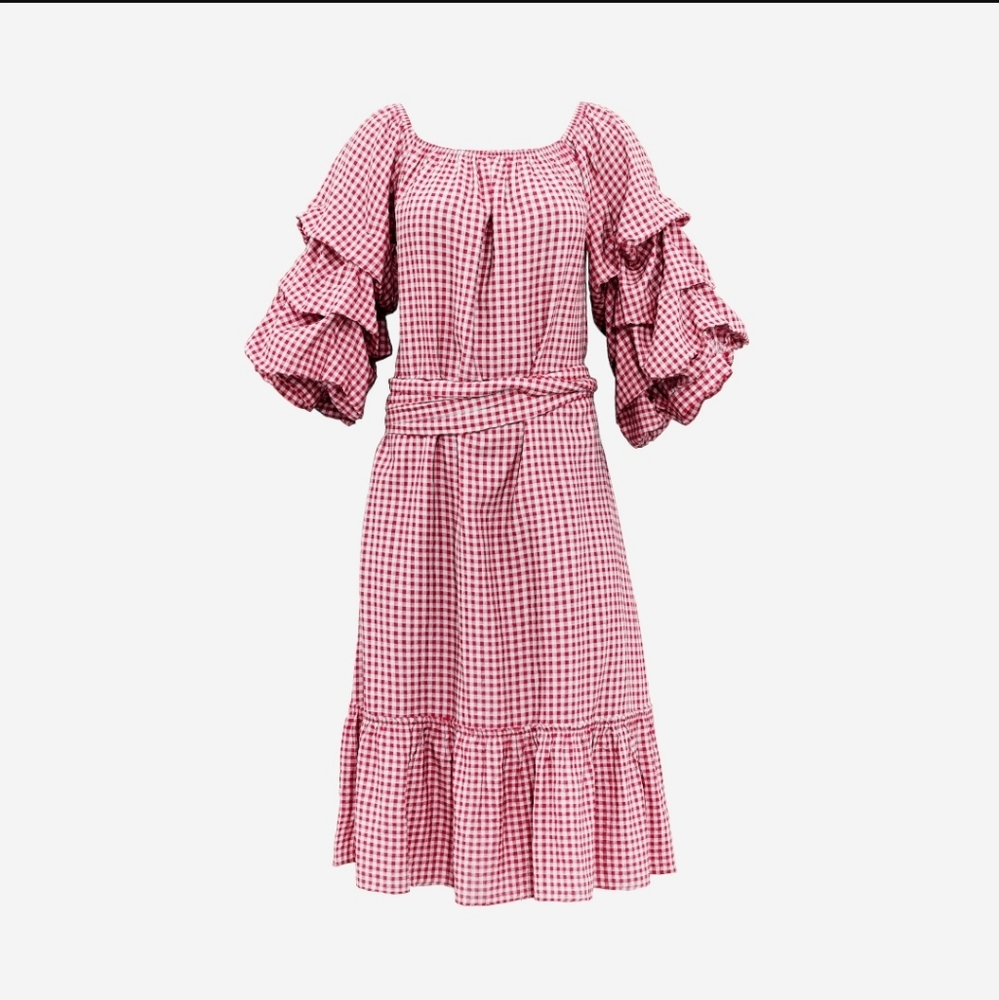 Red Gingham Dramatic Puff Pick Up Sleeves Ruffle Bottom Off Shoulder Dress S - Picture 15 of 15